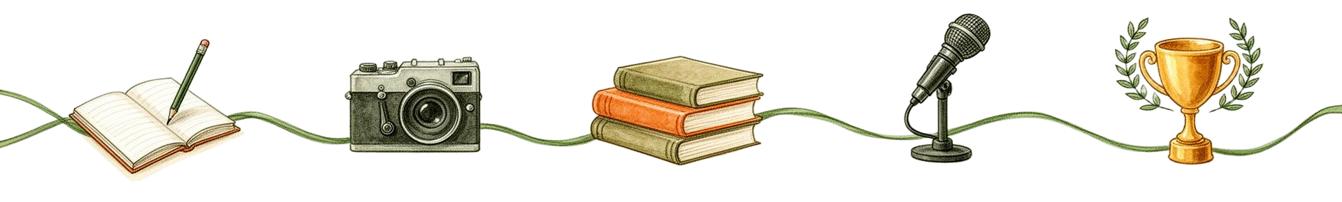 An illustrated timeline of the creator's journey: notebook, camera, books, microphone, trophy.
